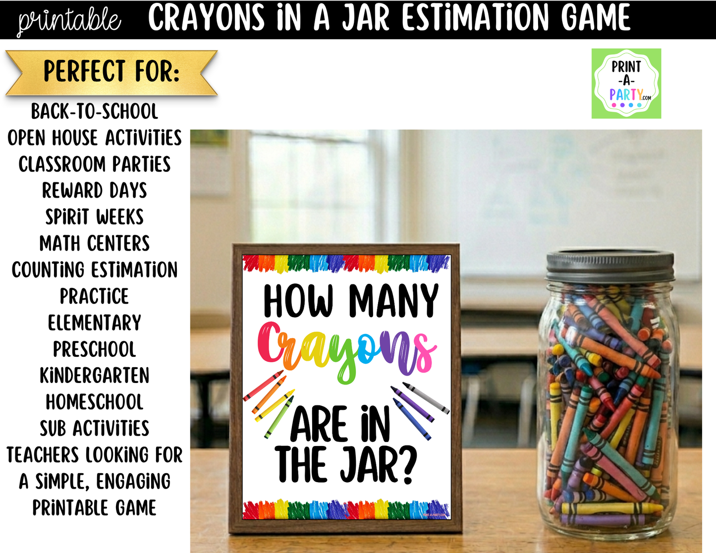 How Many Crayons in Jar Guessing Game Printable – Sign + Guessing Cards for Class Activity