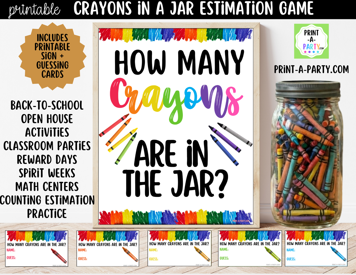 How Many Crayons in Jar Guessing Game Printable – Sign + Guessing Cards for Class Activity