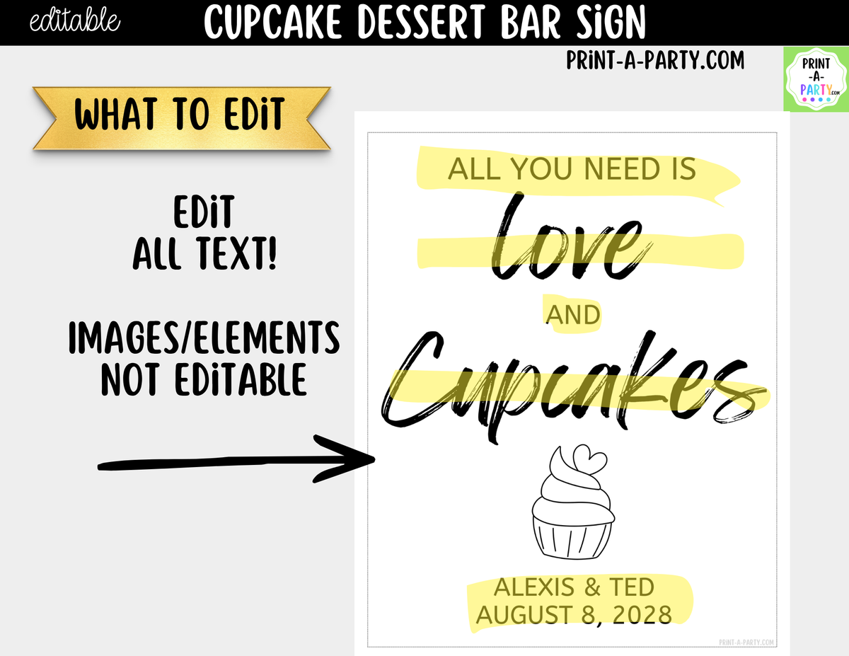 Editable Cupcake Sign – All You Need Is Love and Cupcakes | 8x10