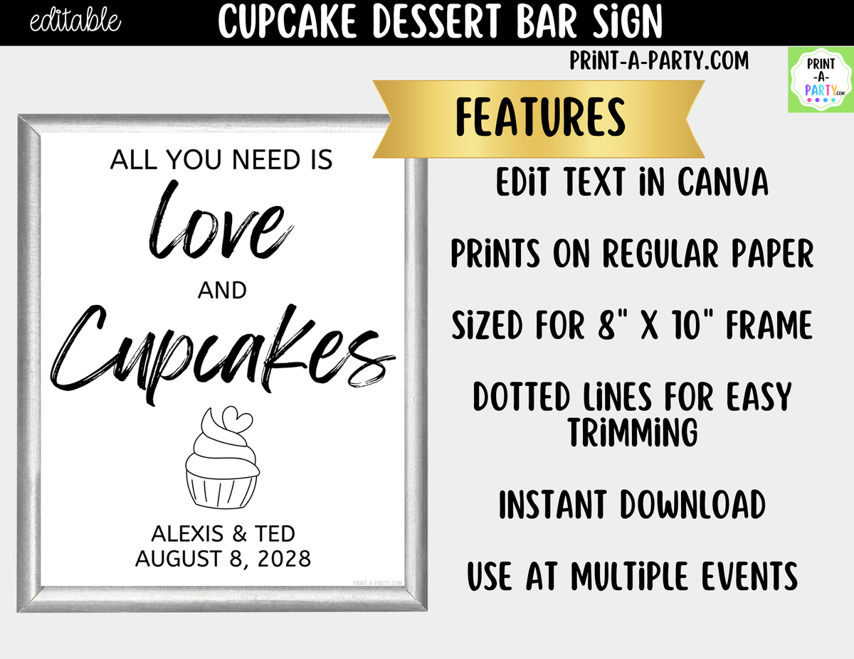 Editable Cupcake Sign – All You Need Is Love and Cupcakes | 8x10