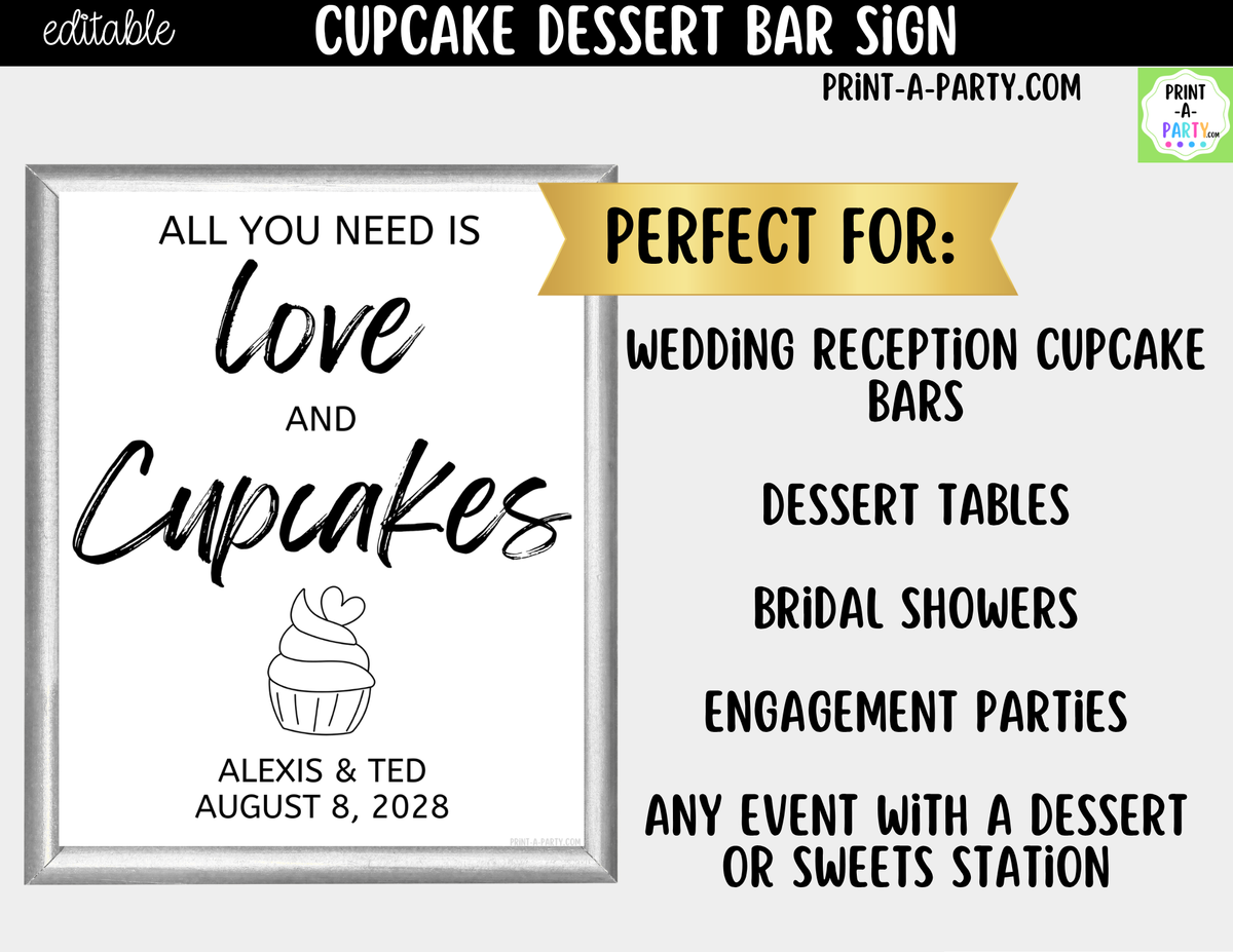 Editable Cupcake Sign – All You Need Is Love and Cupcakes | 8x10