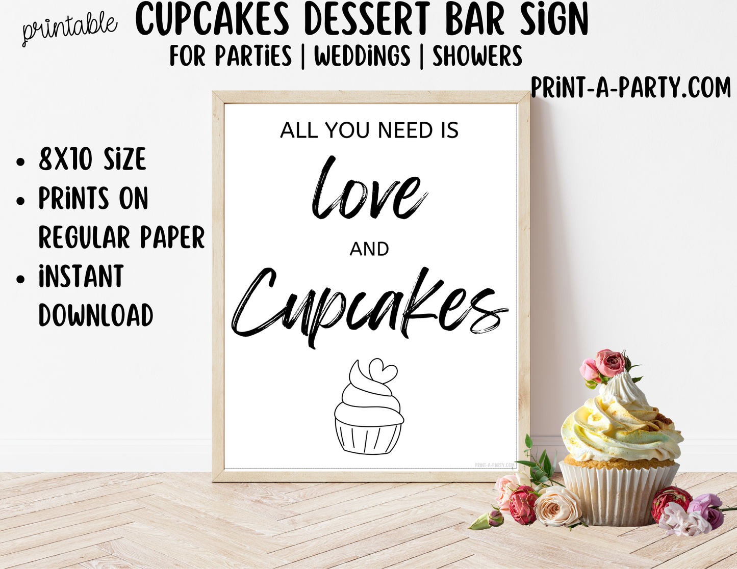 Printable Cupcakes Dessert Bar Sign (8x10) – Wedding Shower Decor, Instant PDF Download