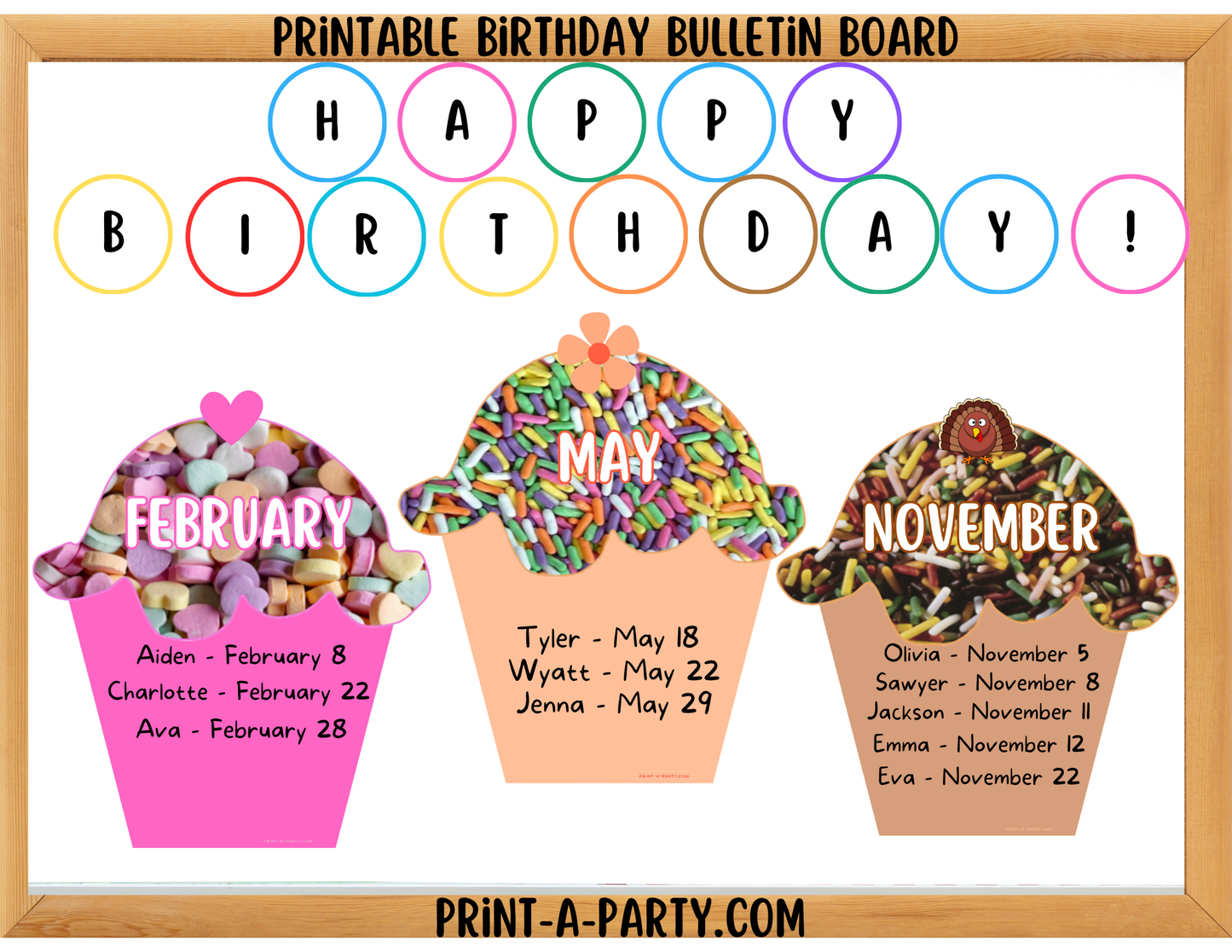 Birthday Bulletin Board Printable Display - Sprinkle Cupcakes Theme for Classroom Decor