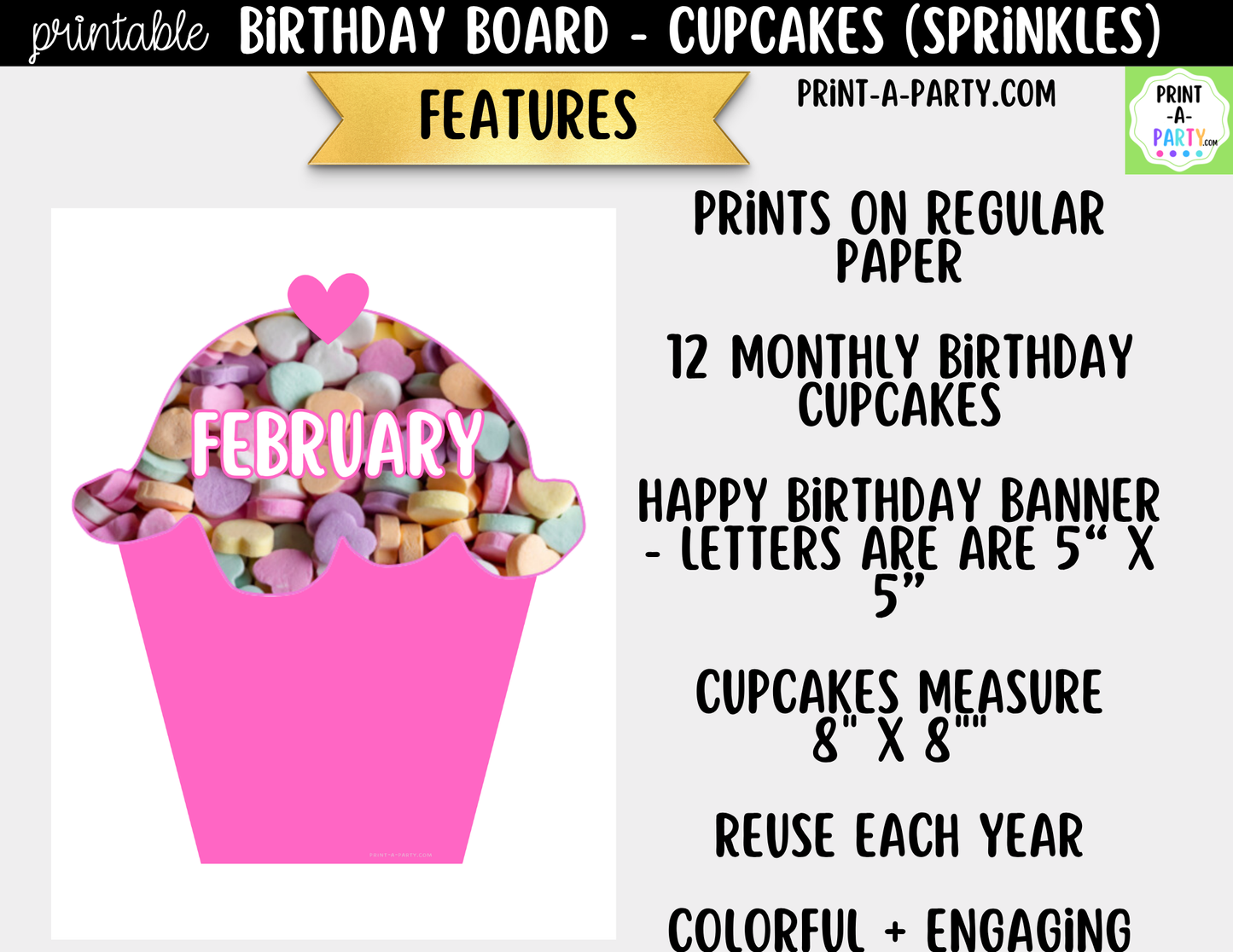 Birthday Bulletin Board Printable Display - Sprinkle Cupcakes Theme for Classroom Decor
