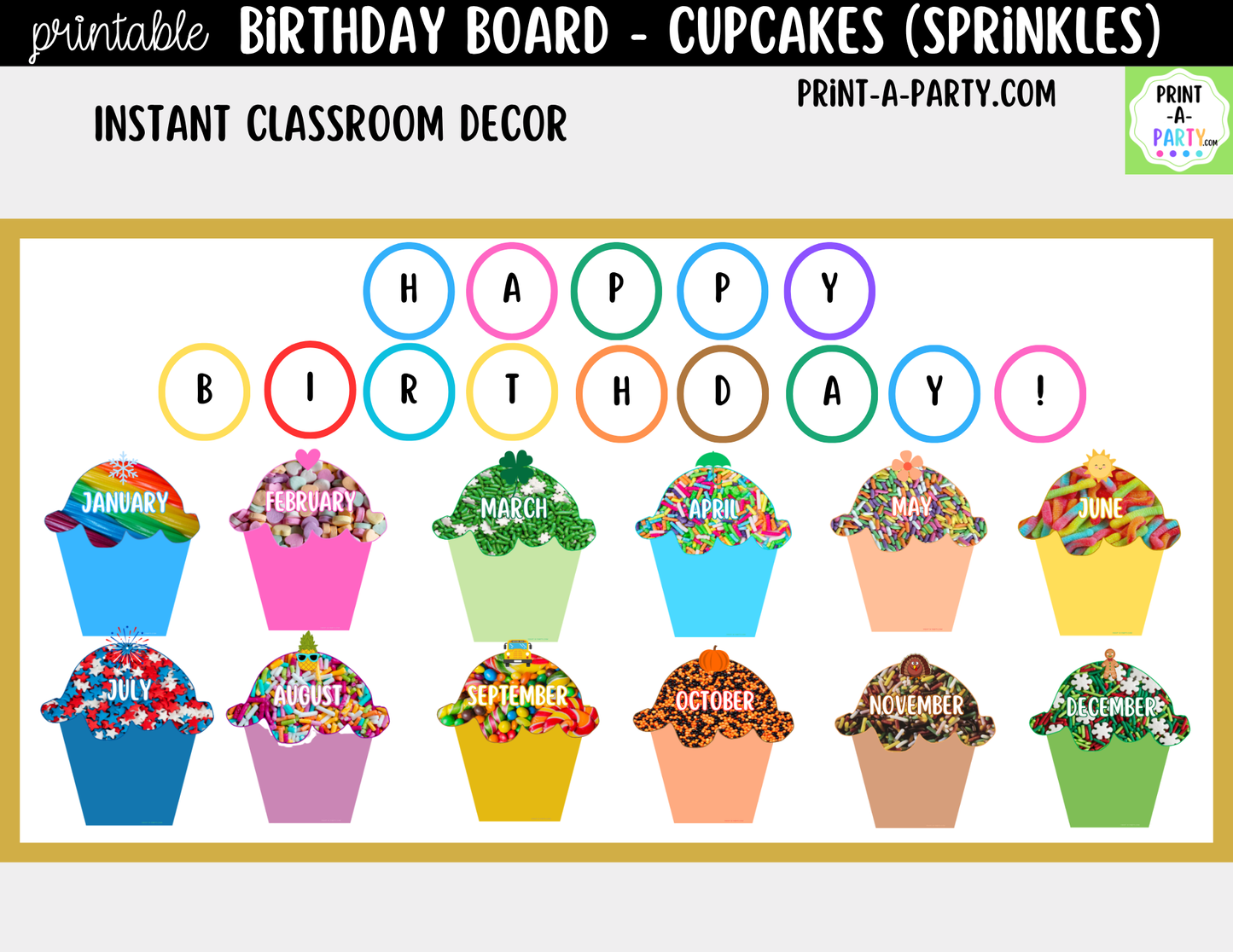 Birthday Bulletin Board Printable Display - Sprinkle Cupcakes Theme for Classroom Decor