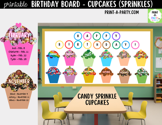 Birthday Bulletin Board Printable Display - Sprinkle Cupcakes Theme for Classroom Decor
