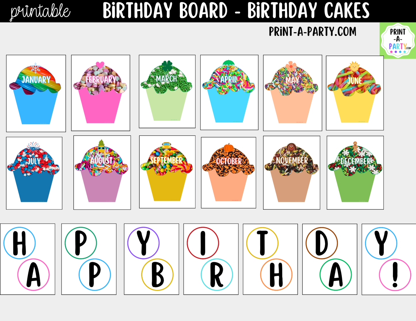 Birthday Bulletin Board Printable Display - Sprinkle Cupcakes Theme for Classroom Decor