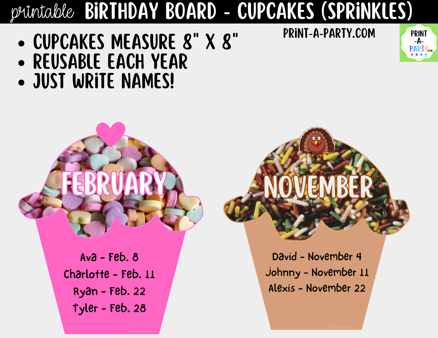 Birthday Bulletin Board Printable Display - Sprinkle Cupcakes Theme for Classroom Decor