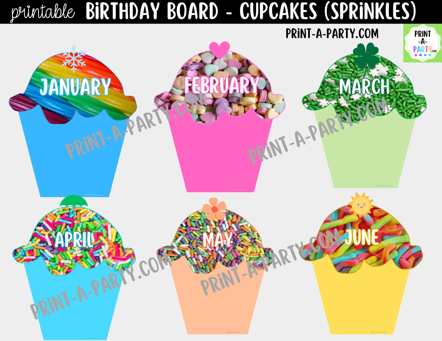 Birthday Bulletin Board Printable Display - Sprinkle Cupcakes Theme for Classroom Decor