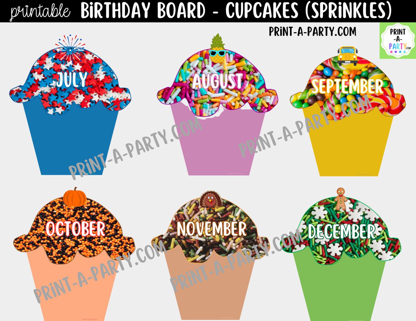 Birthday Bulletin Board Printable Display - Sprinkle Cupcakes Theme for Classroom Decor