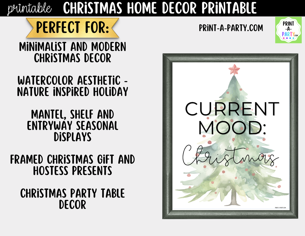 Current Mood Christmas Printable Sign - Watercolor Christmas Tree Wall Art - Minimalist Holiday Decor 8x10 and 5x7