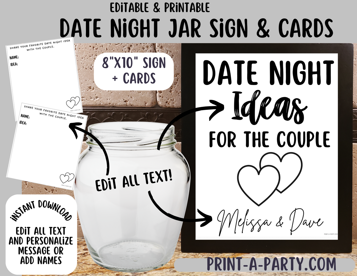 DATE NIGHT IN A JAR - EDITABLE & PRINTABLE | Date Night Jar Sign | Date Night Cards | Wedding Shower Idea | Date Night Ideas | Same Sex Wedding Ideas | Two Hearts