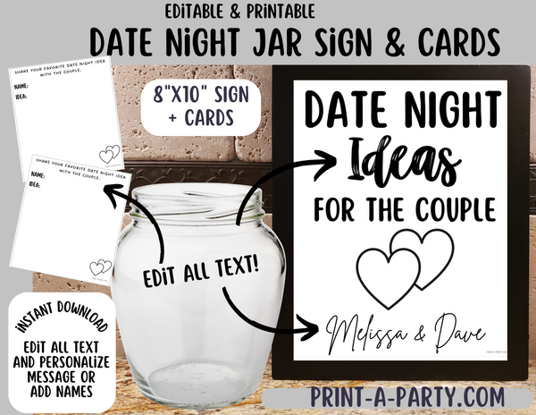 DATE NIGHT IN A JAR - EDITABLE & PRINTABLE | Date Night Jar Sign | Date Night Cards | Wedding Shower Idea | Date Night Ideas | Same Sex Wedding Ideas | Two Hearts