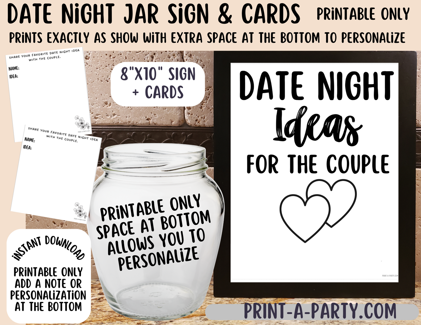 DATE NIGHT IN A JAR - EDITABLE & PRINTABLE | Date Night Jar Sign | Date Night Cards | Wedding Shower Idea | Date Night Ideas | Same Sex Wedding Ideas | Two Hearts