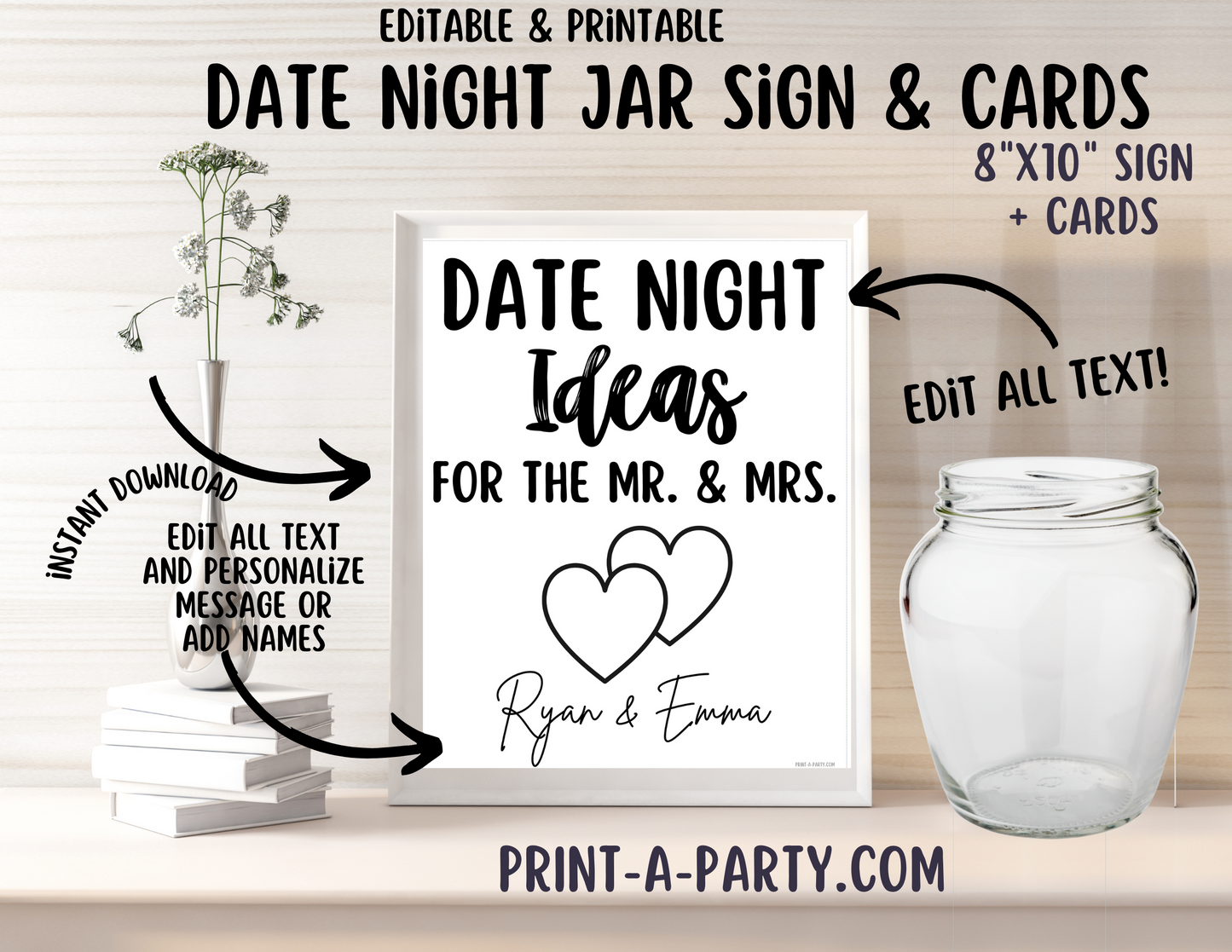 DATE NIGHT IN A JAR - EDITABLE & PRINTABLE | Date Night Jar Sign | Date Night Cards | Wedding Shower Idea | Date Night Ideas | Same Sex Wedding Ideas | Two Hearts