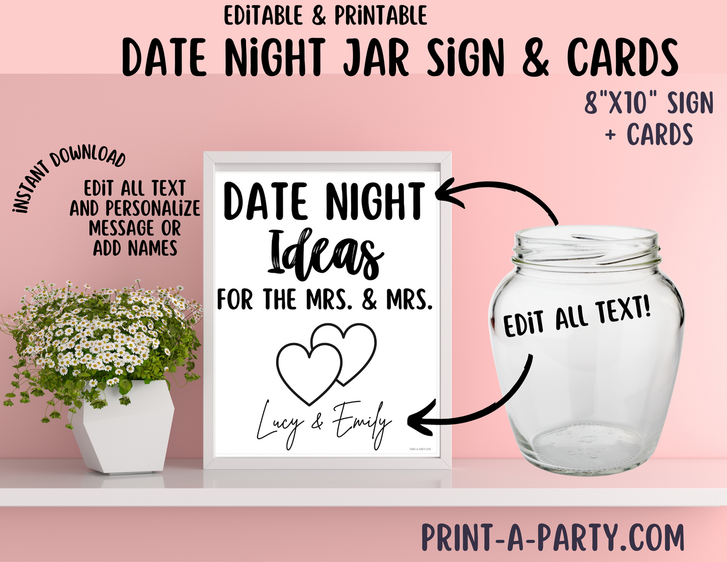 DATE NIGHT IN A JAR - EDITABLE & PRINTABLE | Date Night Jar Sign | Date Night Cards | Wedding Shower Idea | Date Night Ideas | Same Sex Wedding Ideas | Two Hearts