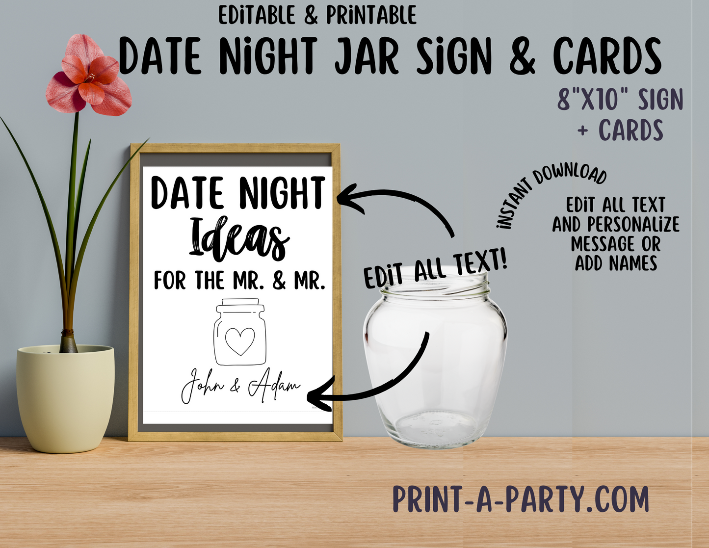 DATE NIGHT IN A JAR - EDITABLE & PRINTABLE | Date Night Jar Sign | Date Night Cards | Wedding Shower Idea | Date Night Ideas | Same Sex Wedding Ideas | Mason Jar Heart