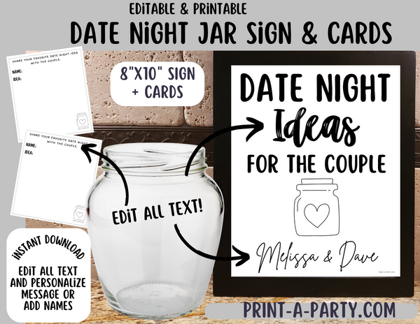 DATE NIGHT IN A JAR - EDITABLE & PRINTABLE | Date Night Jar Sign | Date Night Cards | Wedding Shower Idea | Date Night Ideas | Same Sex Wedding Ideas | Mason Jar Heart