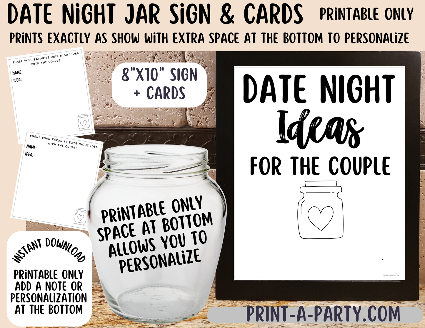 DATE NIGHT IN A JAR - EDITABLE & PRINTABLE | Date Night Jar Sign | Date Night Cards | Wedding Shower Idea | Date Night Ideas | Same Sex Wedding Ideas | Mason Jar Heart