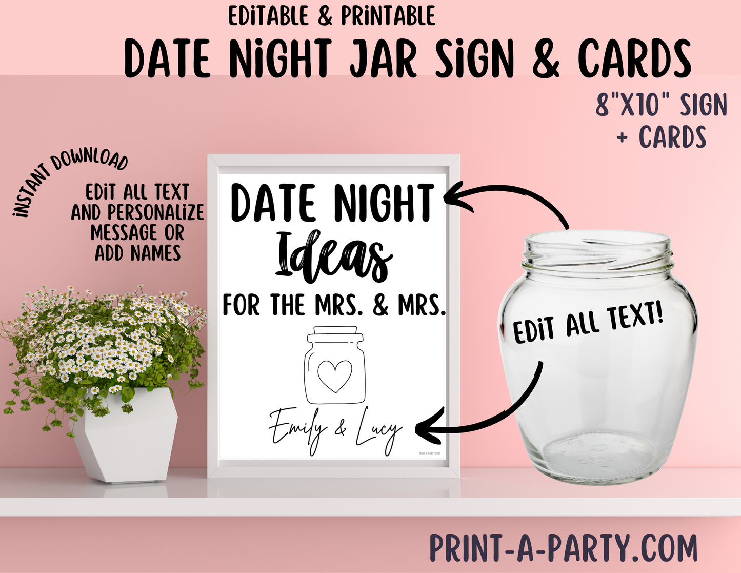 DATE NIGHT IN A JAR - EDITABLE & PRINTABLE | Date Night Jar Sign | Date Night Cards | Wedding Shower Idea | Date Night Ideas | Same Sex Wedding Ideas | Mason Jar Heart