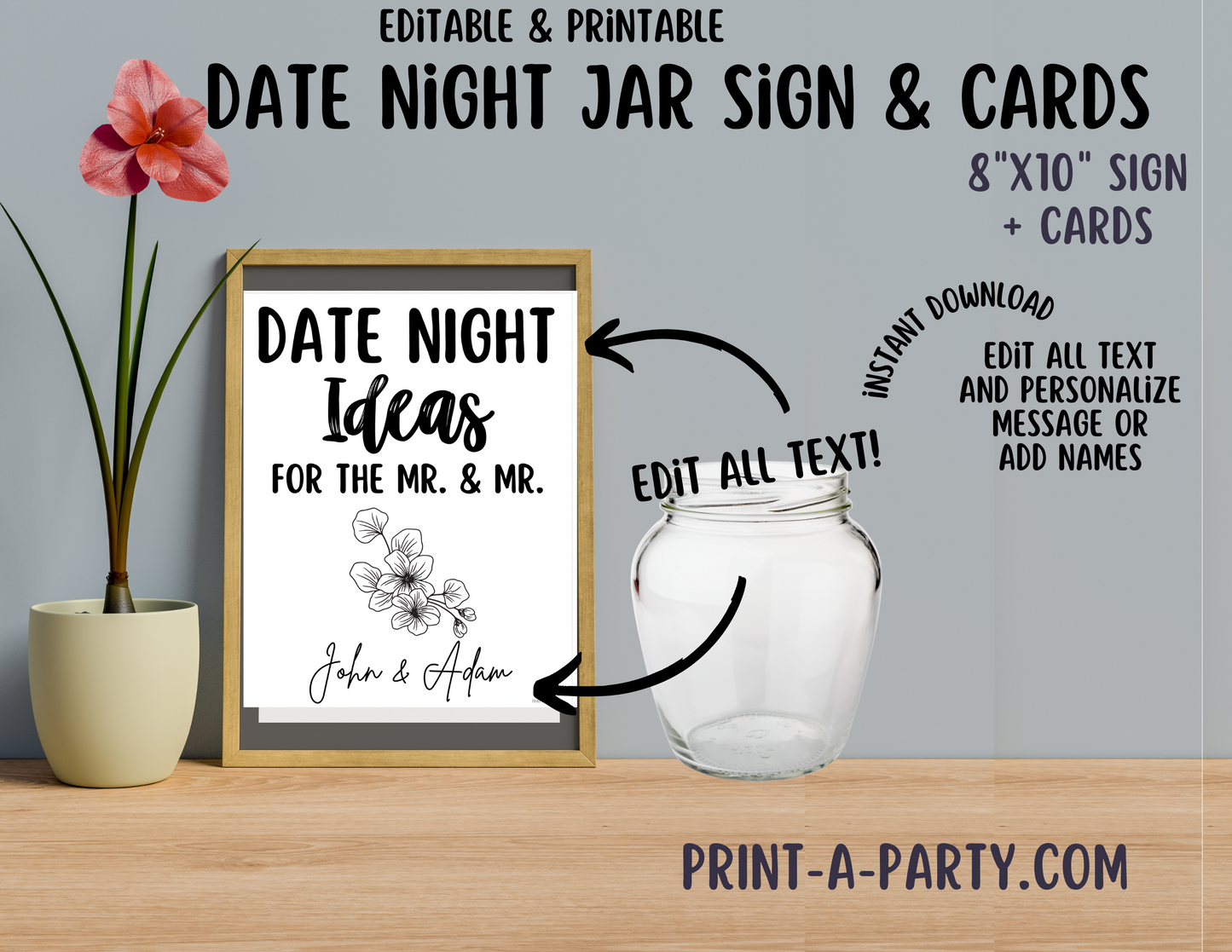 DATE NIGHT IN A JAR - EDITABLE & PRINTABLE | Date Night Jar Sign | Date Night Cards | Wedding Shower Idea | Date Night Ideas | Same Sex Wedding Ideas | Floral Vibe