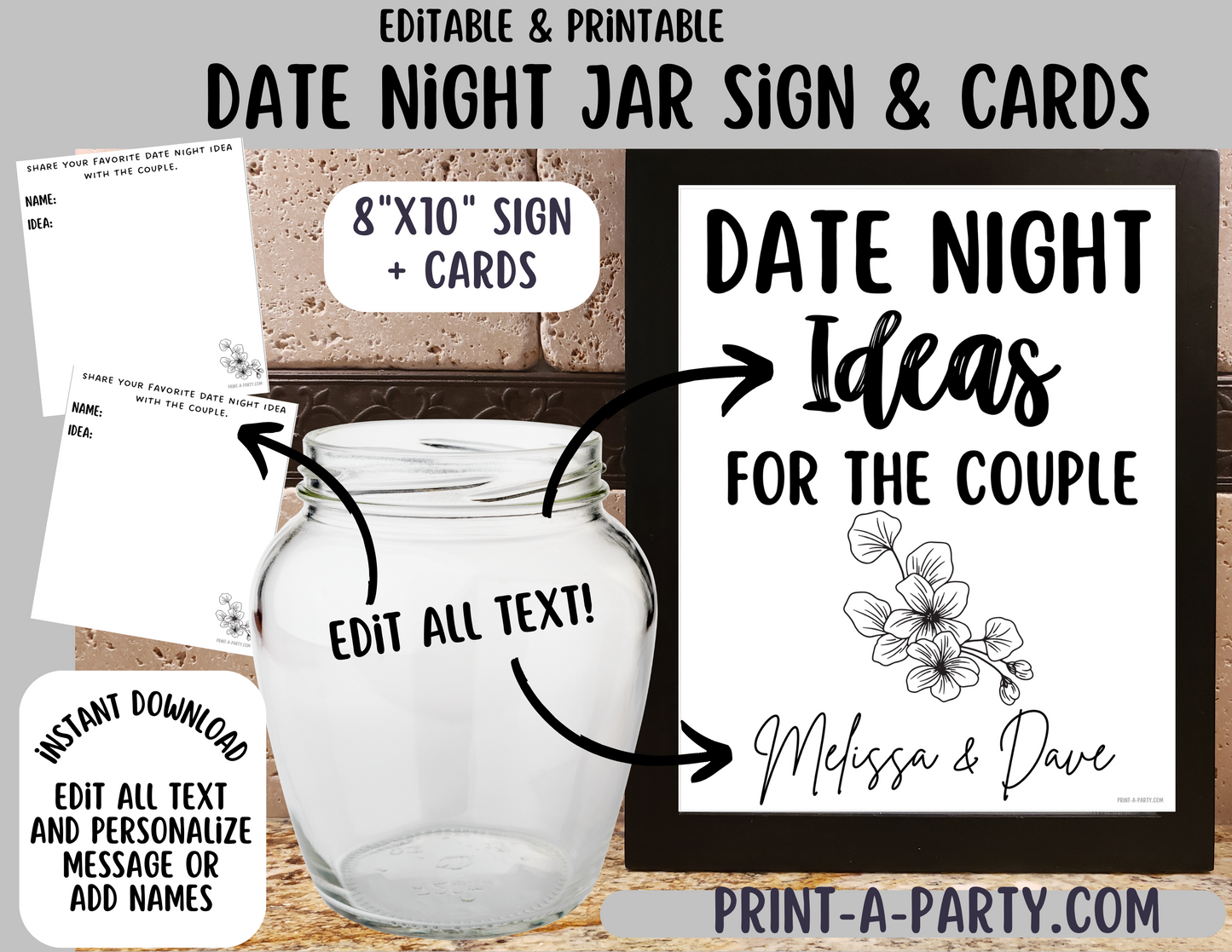 DATE NIGHT IN A JAR - EDITABLE & PRINTABLE | Date Night Jar Sign | Date Night Cards | Wedding Shower Idea | Date Night Ideas | Same Sex Wedding Ideas | Floral Vibe