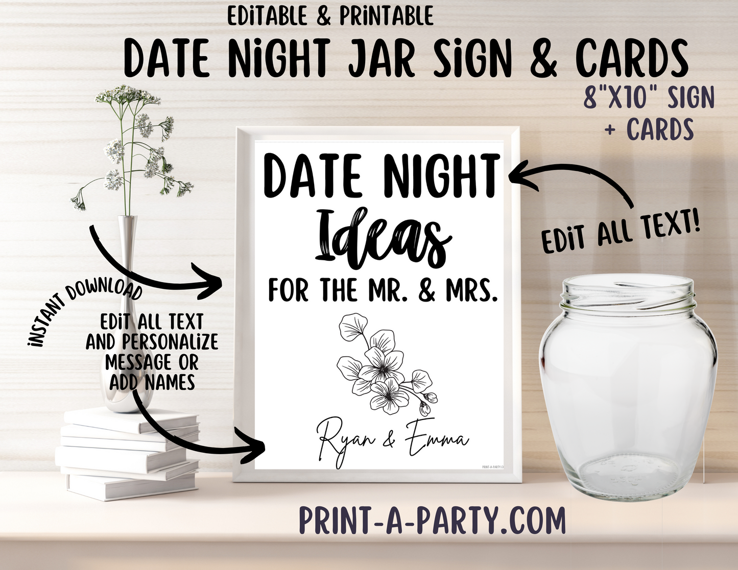 DATE NIGHT IN A JAR - EDITABLE & PRINTABLE | Date Night Jar Sign | Date Night Cards | Wedding Shower Idea | Date Night Ideas | Same Sex Wedding Ideas | Floral Vibe