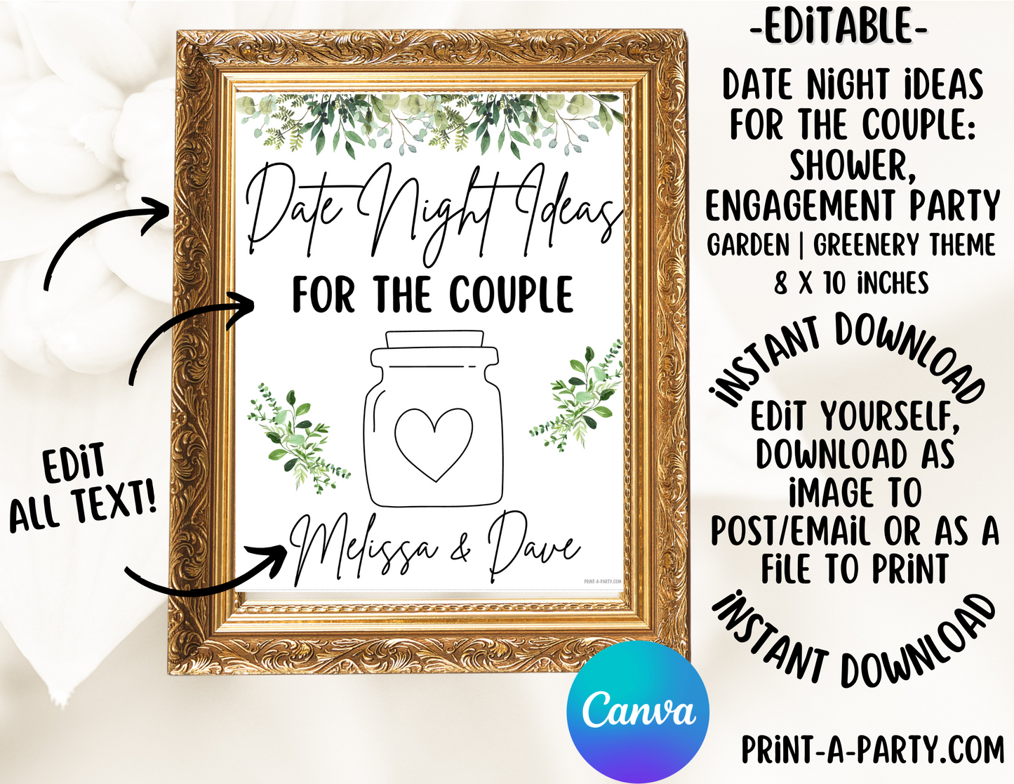 DATE NIGHT IN A JAR - EDITABLE & PRINTABLE GARDEN THEME | Date Night Jar Sign | Date Night Cards | Garden Wedding Shower Idea | Date Night Ideas | Same Sex Wedding Ideas | Garden Bridal Wedding Shower | Garden Engagement Party