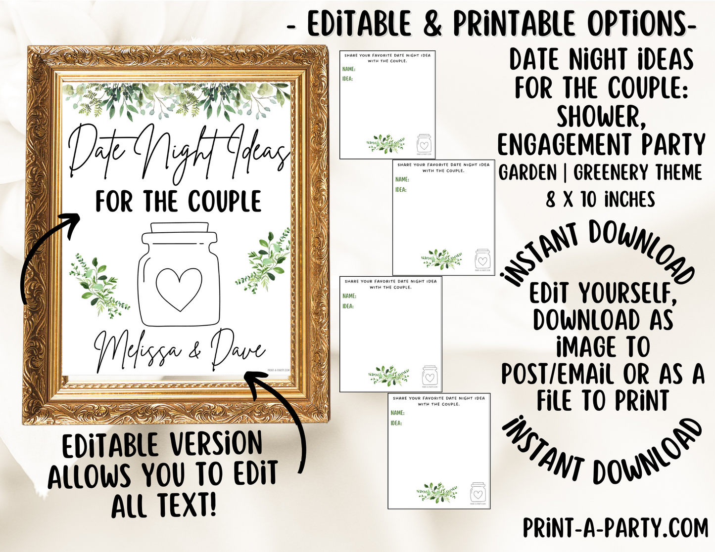 DATE NIGHT IN A JAR - EDITABLE & PRINTABLE GARDEN THEME | Date Night Jar Sign | Date Night Cards | Garden Wedding Shower Idea | Date Night Ideas | Same Sex Wedding Ideas | Garden Bridal Wedding Shower | Garden Engagement Party