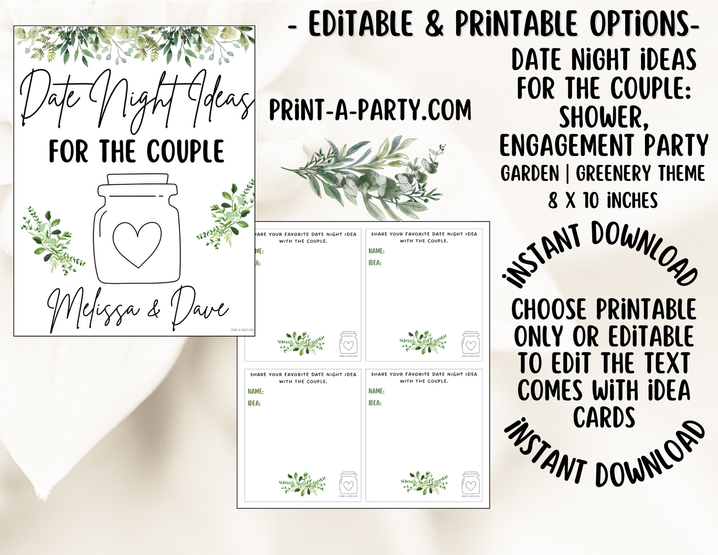 DATE NIGHT IN A JAR - EDITABLE & PRINTABLE GARDEN THEME | Date Night Jar Sign | Date Night Cards | Garden Wedding Shower Idea | Date Night Ideas | Same Sex Wedding Ideas | Garden Bridal Wedding Shower | Garden Engagement Party