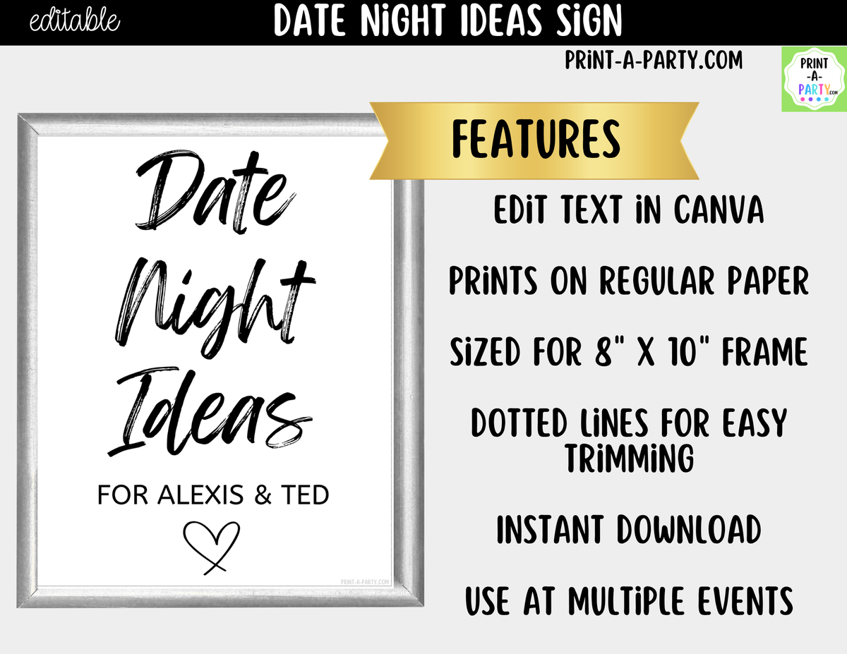 Editable Date Night Ideas Sign – 8x10 Canva Template