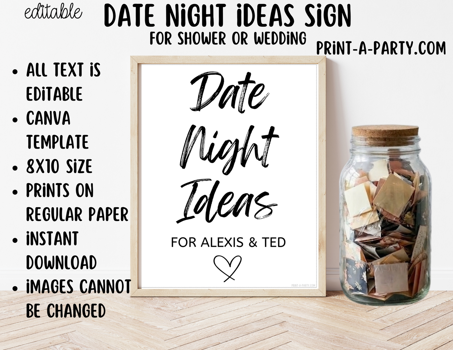Editable Date Night Ideas Sign (8x10) – Canva Printable Template