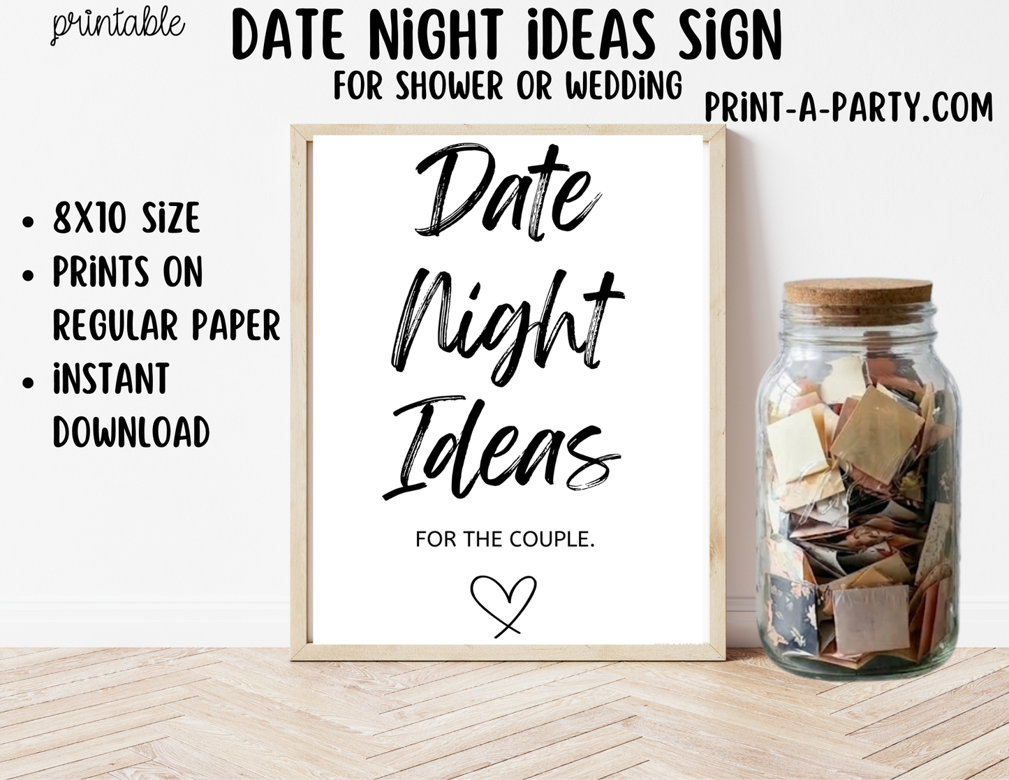 Printable Date Night Ideas Sign (8x10) - Wedding Shower Decor - Instant PDF Download