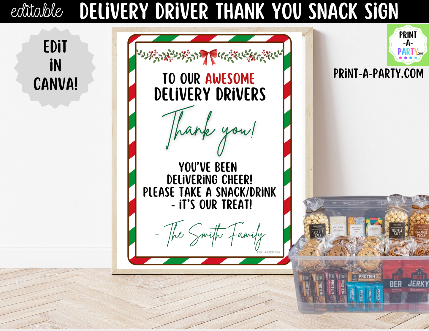 Delivery Driver Thank You Sign Printable | Editable Christmas Snack Station Sign
