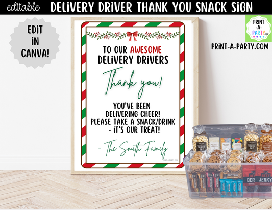 Delivery Driver Thank You Sign Printable | Editable Christmas Snack Station Sign