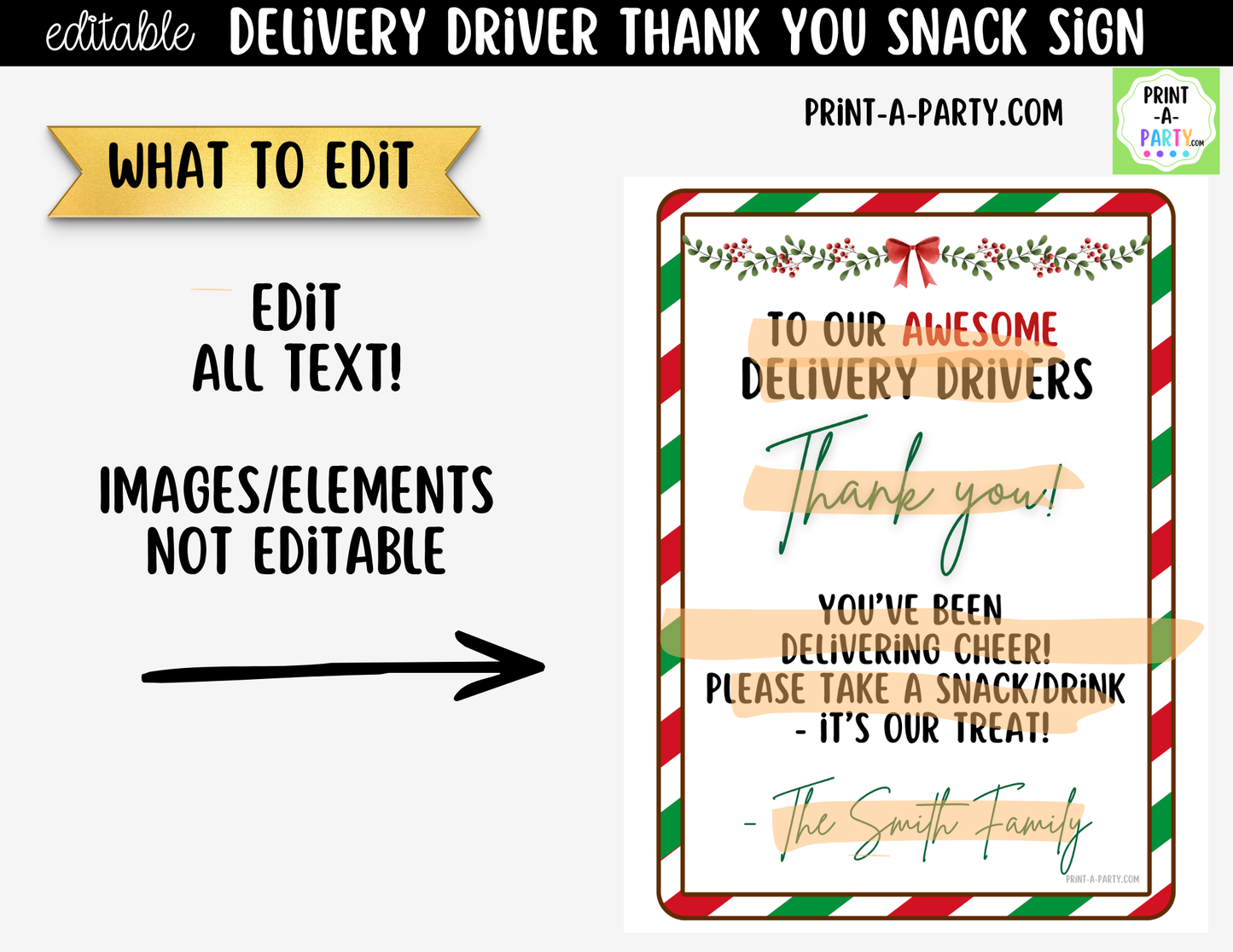 Delivery Driver Thank You Sign Printable | Editable Christmas Snack Station Sign