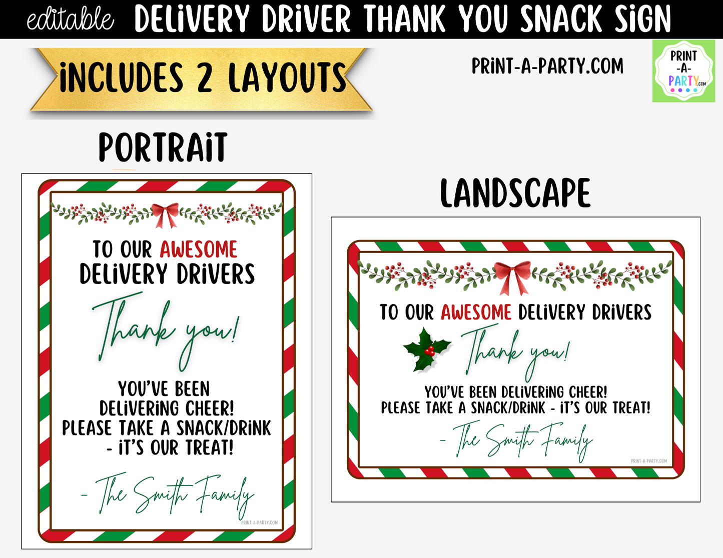Delivery Driver Thank You Sign Printable | Editable Christmas Snack Station Sign