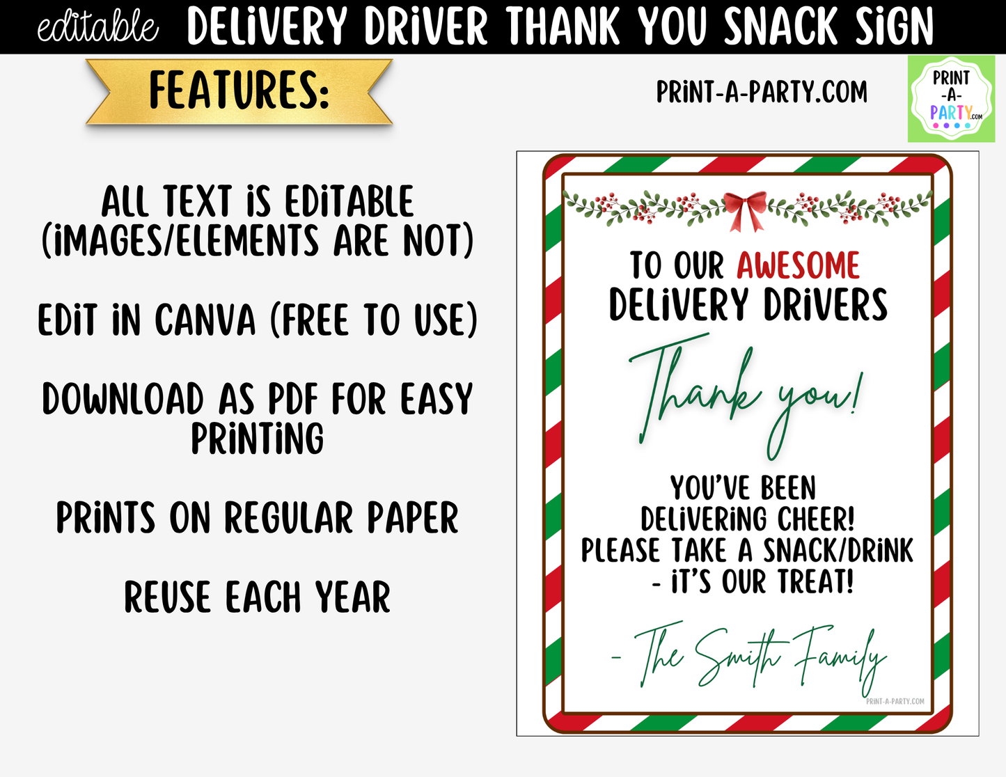 Delivery Driver Thank You Sign Printable | Editable Christmas Snack Station Sign
