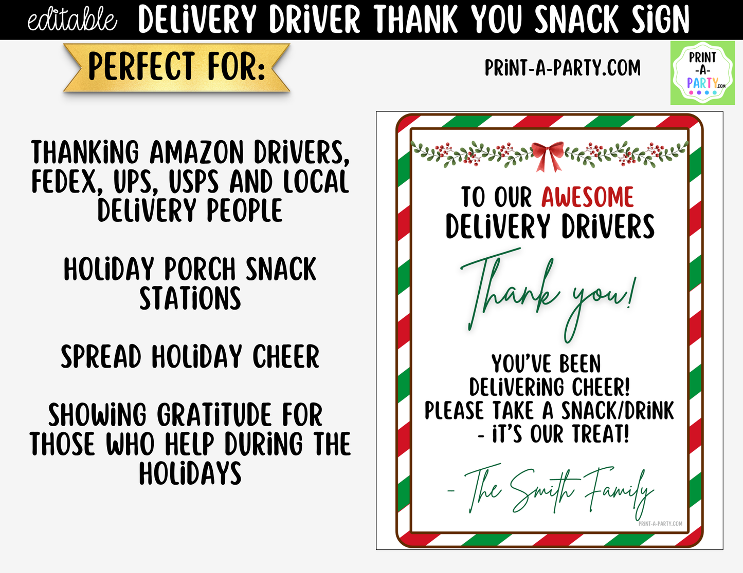 Delivery Driver Thank You Sign Printable | Editable Christmas Snack Station Sign