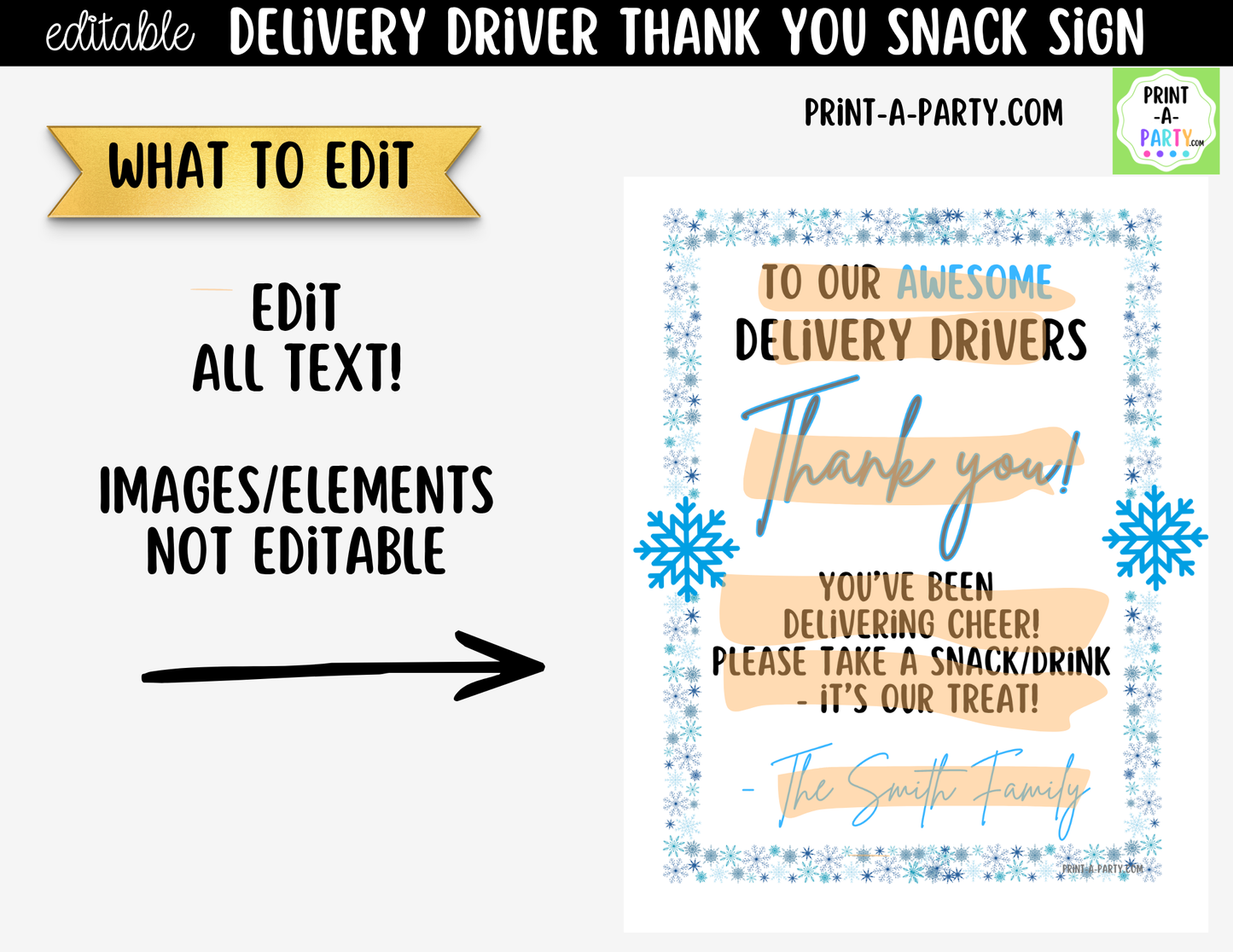 Delivery Driver Thank You Sign Printable | Editable Winter Snack Station Sign