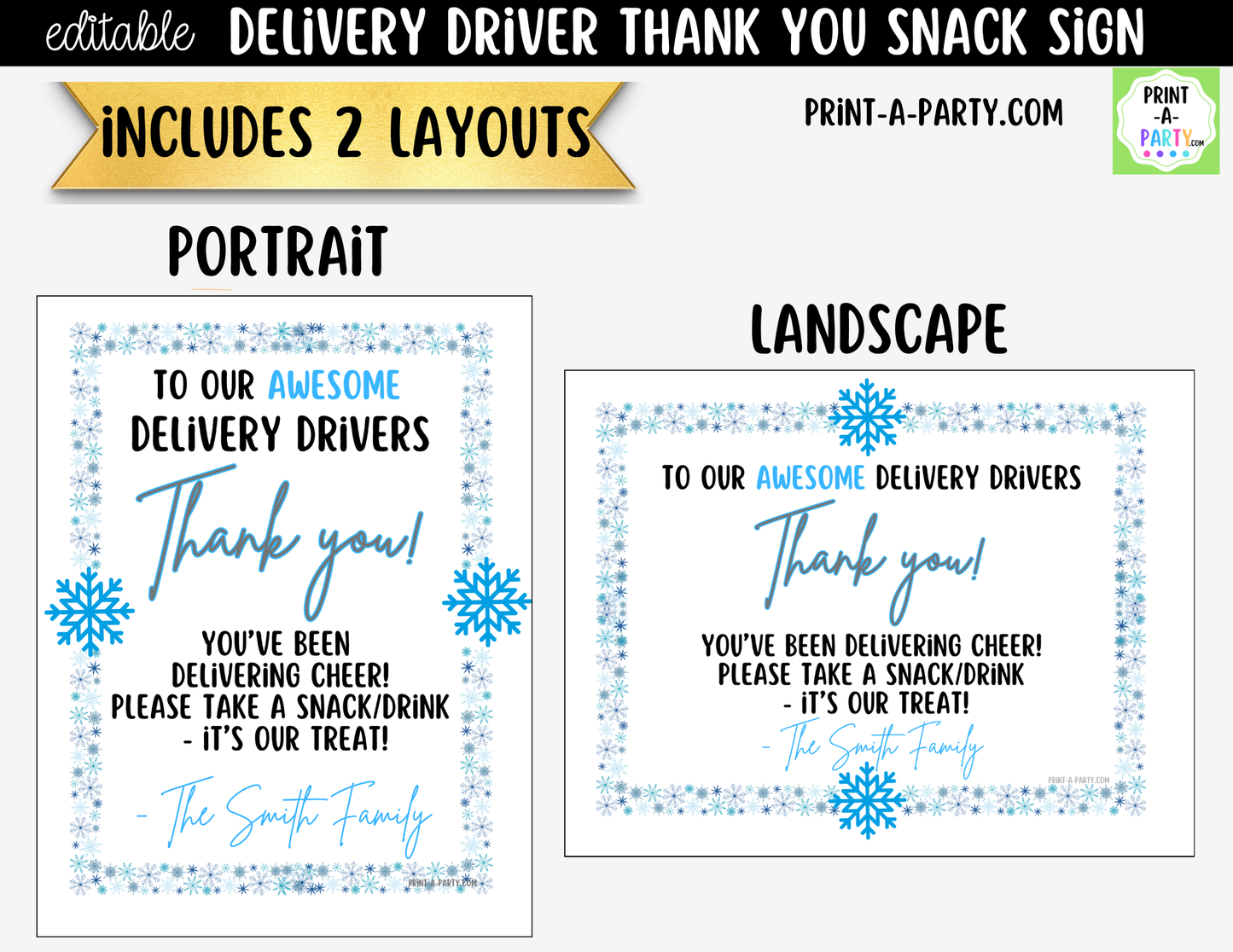 Delivery Driver Thank You Sign Printable | Editable Winter Snack Station Sign