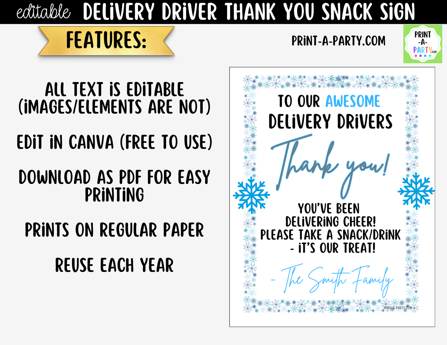 Delivery Driver Thank You Sign Printable | Editable Winter Snack Station Sign