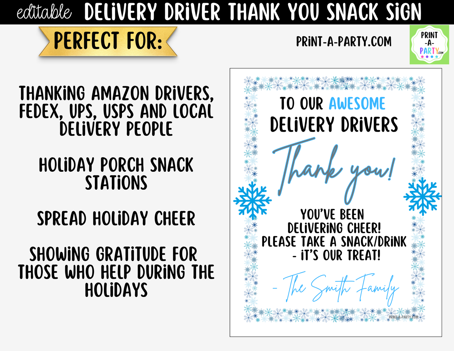 Delivery Driver Thank You Sign Printable | Editable Winter Snack Station Sign