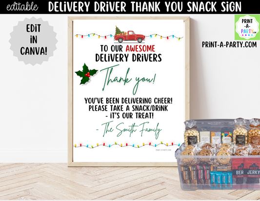Delivery Driver Thank You Sign Printable | Editable Christmas Snack Station Sign