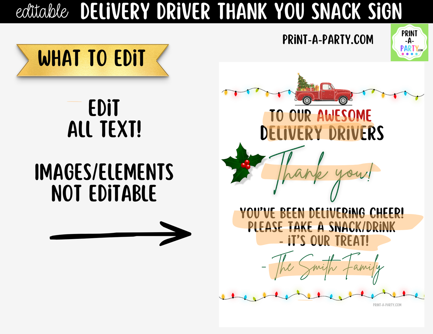 Delivery Driver Thank You Sign Printable | Editable Christmas Snack Station Sign