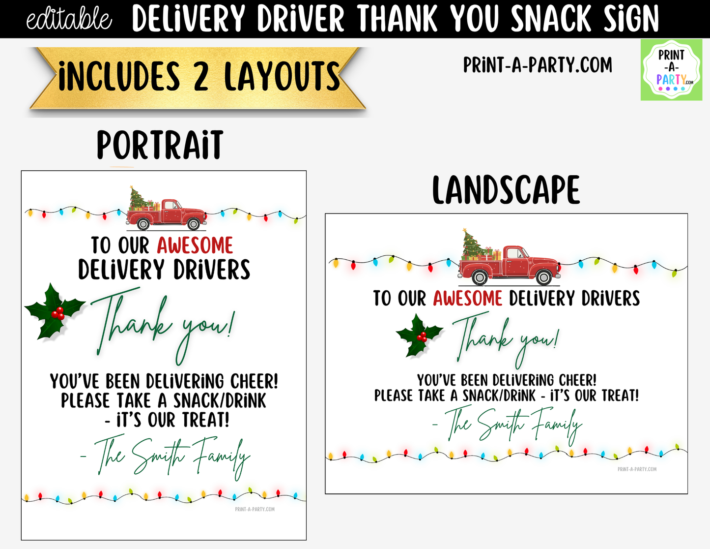 Delivery Driver Thank You Sign Printable | Editable Christmas Snack Station Sign