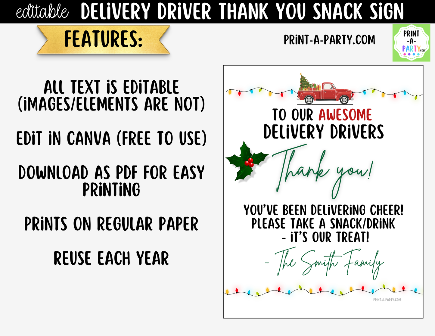 Delivery Driver Thank You Sign Printable | Editable Christmas Snack Station Sign