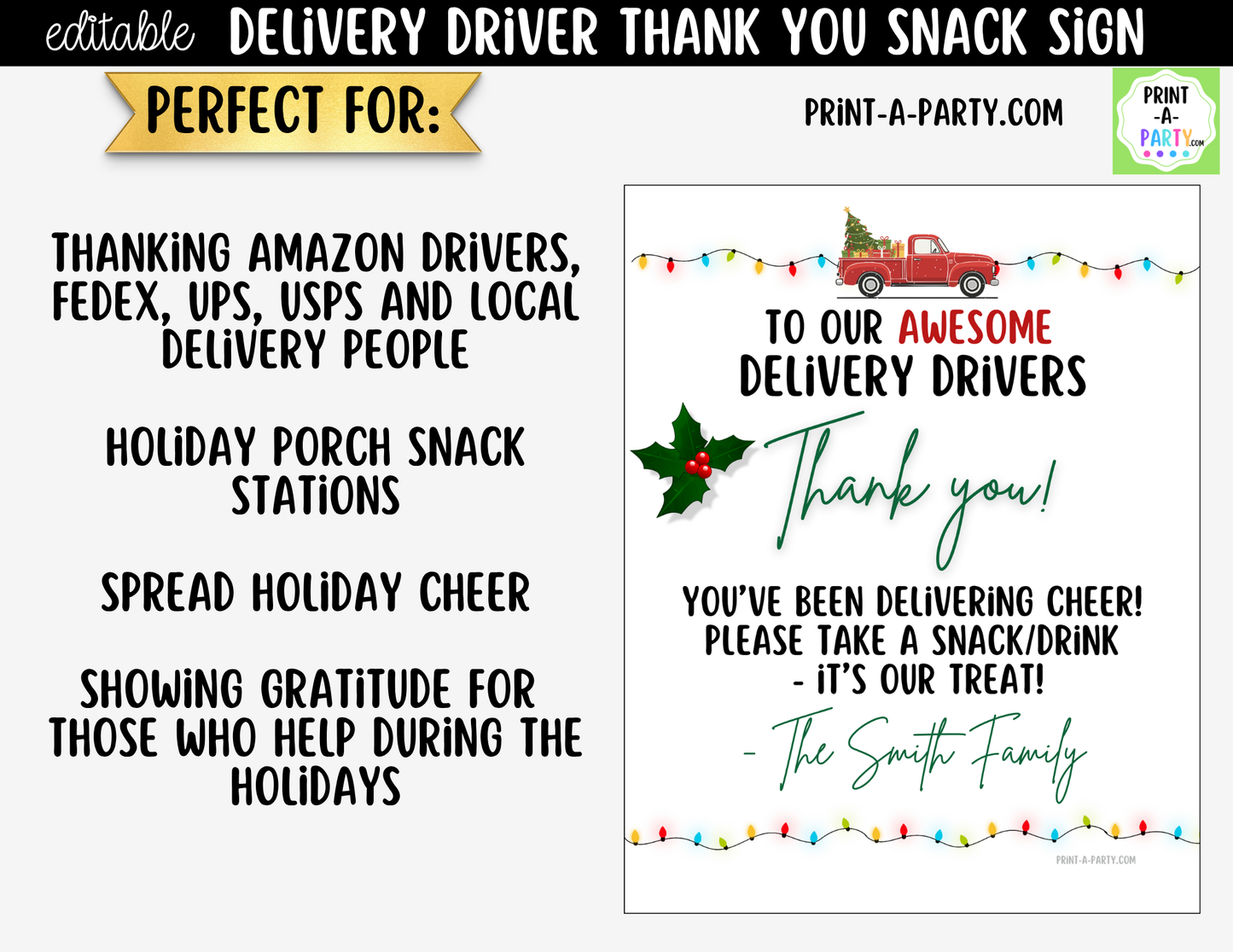Delivery Driver Thank You Sign Printable | Editable Christmas Snack Station Sign
