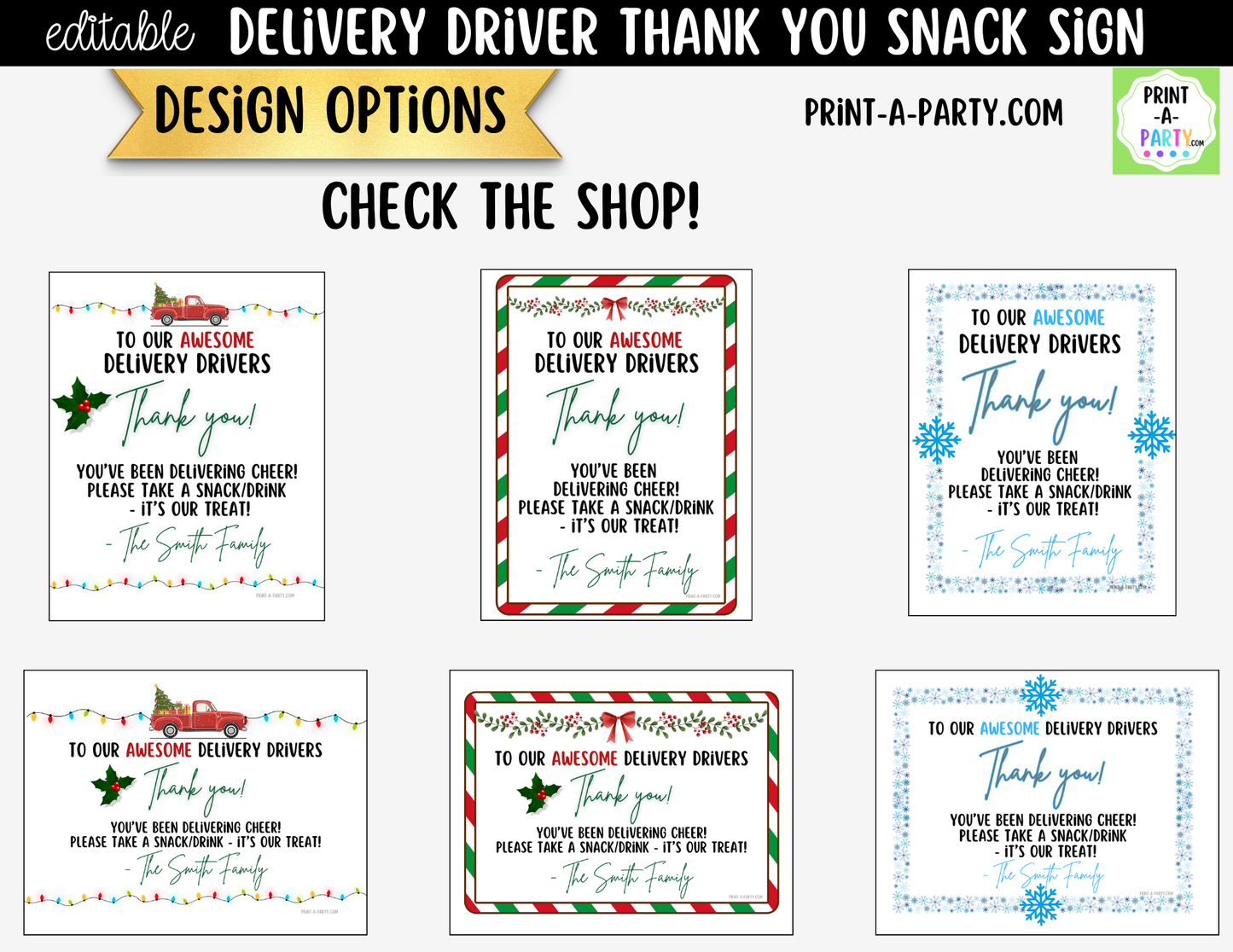 Delivery Driver Thank You Sign Printable | Editable Christmas Snack Station Sign