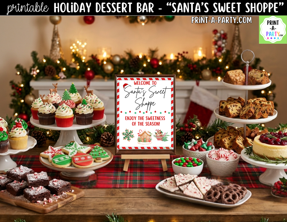 Christmas Dessert Bar Printable Kit | Santa's Sweet Shoppe Sign and Tent Cards